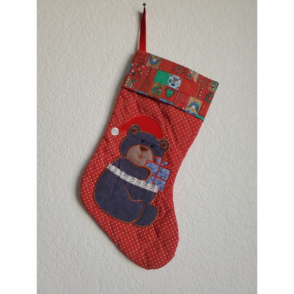 VTG Avon Denim Bear Christmas Stocking Santa Hat Gift Holiday Patchwork …